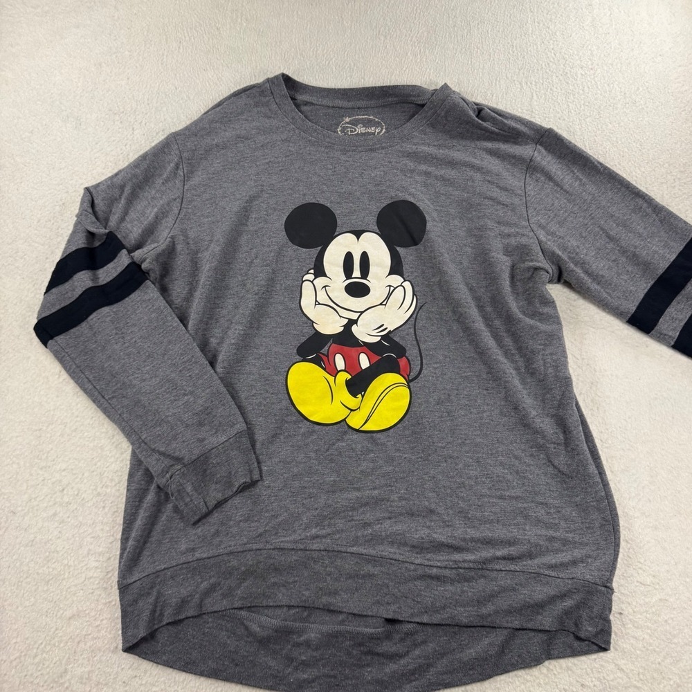 Disney Mickey Mouse Juniors XL 15-17 Gray Long Sleeve Varsity Stripe Highlow Tee